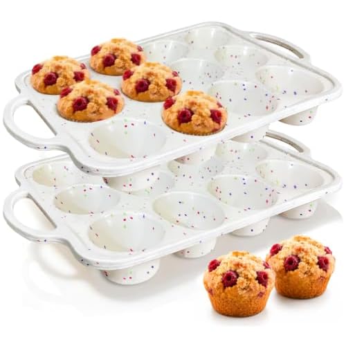 RICCLE Silicone Muffin Pans for Baking with Metal Reinforced Frame, 12-Cup Cupcake Pan, 2 Pcs Muffin Trays for Cupcake Baking, Tray Molds, Oven & Dishwasher Safe, BPA-Free (2 x Standard)