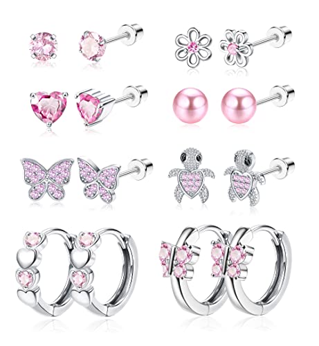 YADOCA 8 Pares Pendientes Niñas Hipoalergeniños para Mujer Acero Quirúrgico Arcoíris Pendientes de Rosca Pendientes de Aro Pendientes de Mariposa con Flor de Corazón de Perla