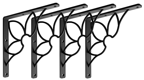 Balin Designs Shelf Bracket For 10" And 12" Shelves - Pack Of 4 - Heavy Duty Decorative Metal Shelf Brackets - Rustic Home Decore - L Brackets - Easy To Install - Hardware Included (Black, Flower) #TOP7