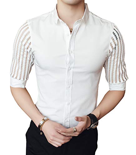 OUYE Men's Sexy Casual Half Sleeve Slim Fit Shirt XX-Large White See Through Sleeve