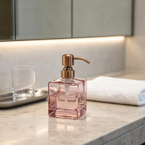 Image of Square Soap Dispenser Glass Blush Pink and Brushed Copper, 8.4oz