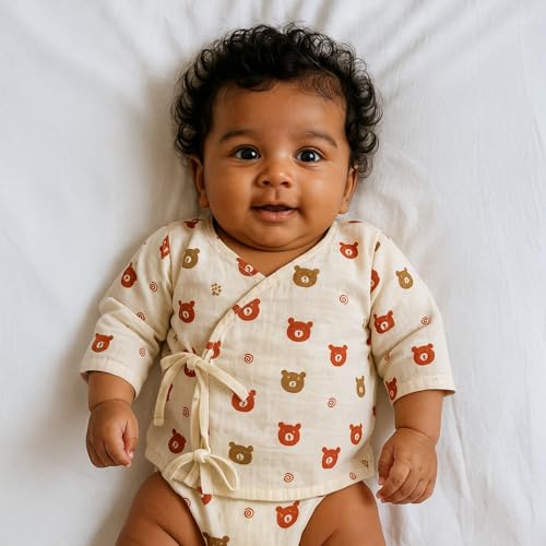 Image of Organic Crinkled Cotton Muslin Angarka Jabla Ivory Full Sleeve Vest for Newborn and Infants Baby Boys and Girls Pack of 3 Size 0-3 Months All Season Wear