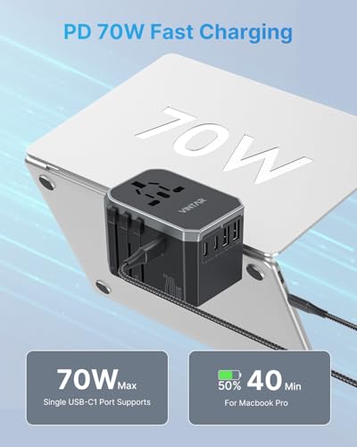 Image of Universal Travel Adapter, VINTAR 70W GaN International Power Adapter with 5 USB Ports (3 USB-C), All-in-one Travel Essentials Plug Adaptor, Travel Adapter Worldwide for UK /EU /USA /AUS, Black