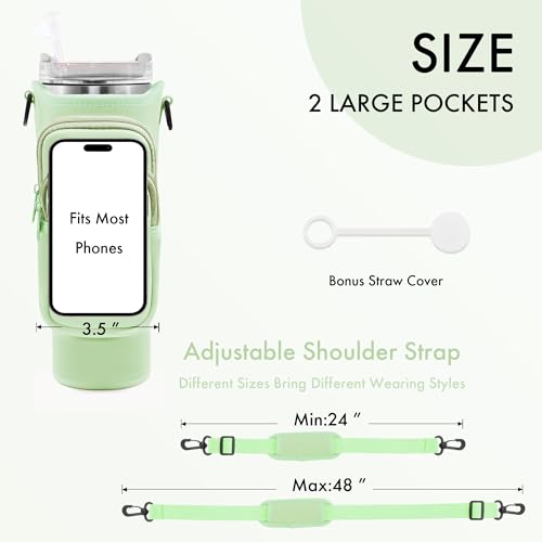 Image of Water Bottle Carrier Bag with Phone Pocket for Stanley Cup 40 /30 oz, Water Bottle Holder with Adjustable Strap& Straw Cover, Stanley Cup Accessories (Mint Green)