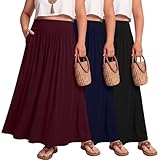 Ficerd 3 Pack Plus Size Maxi Long Skirts for Curvy Women, Ankle Length a Line Pleated High Waisted Summer Skirts with Pocket(Black, Navy Blue, Burgundy,5X-Large)