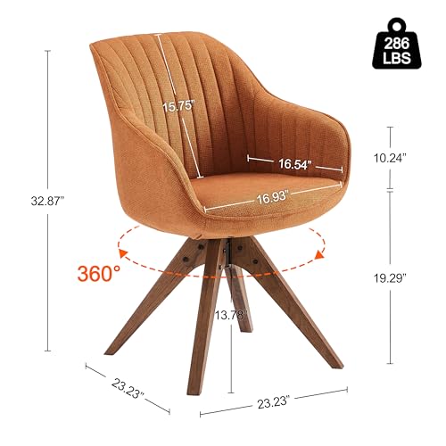 Art Leon Desk Chair No Wheels, Mid Century Modern Office Chair, Swivel Accent Chair with Oak Wood Legs, Fabric Upholstered Arm Chair, Caramel - Thumbnail 2