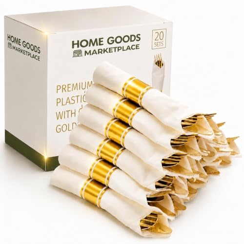 Gold Plastic Silverware Pre-Rolled Sets; Fork Spoon and Knife Rolls Pack of 20 Pre-Rolled Sets