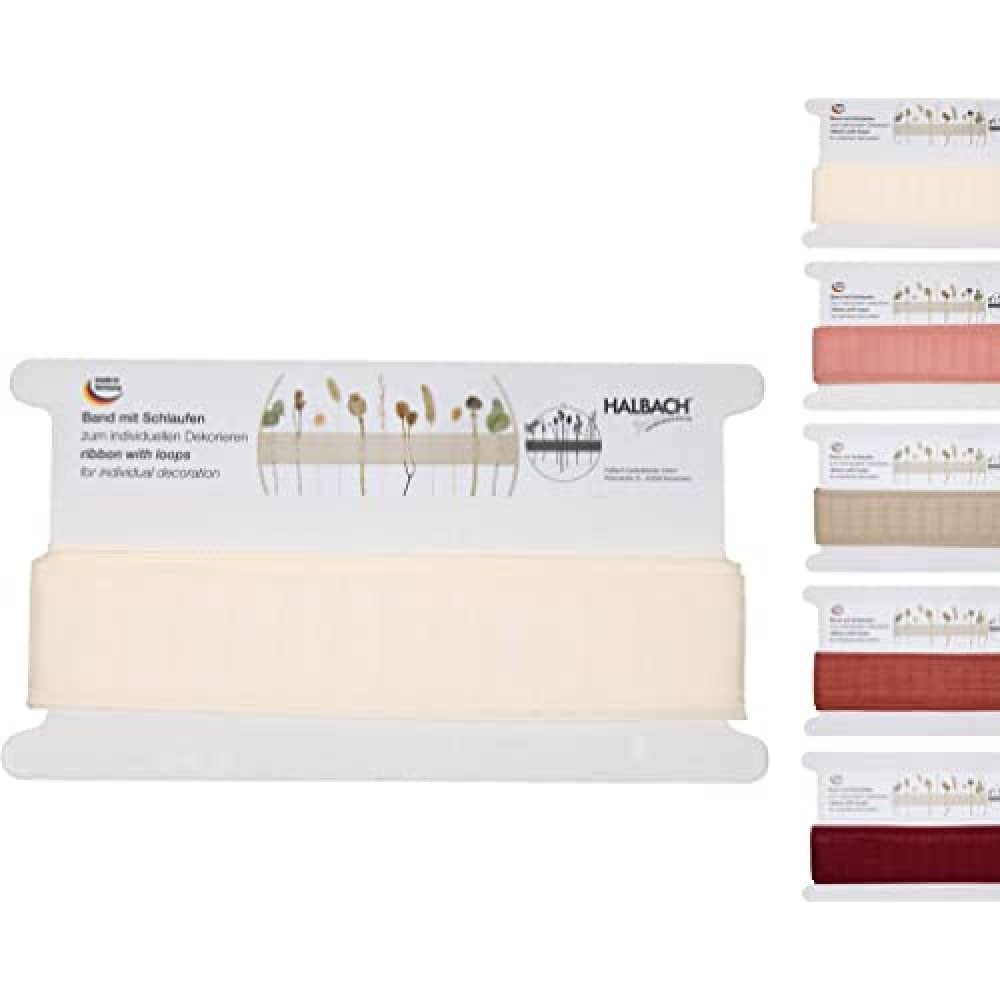 Halbach Seidenbänder Webband mit Schlaufen 43 mm x 6 m zum Dekorieren mit Trockenblumen oder Zweigen, Geschenkband für Trockenblumen, Schleifenband für Kränze mit Trockenblumen, Farbe: cream