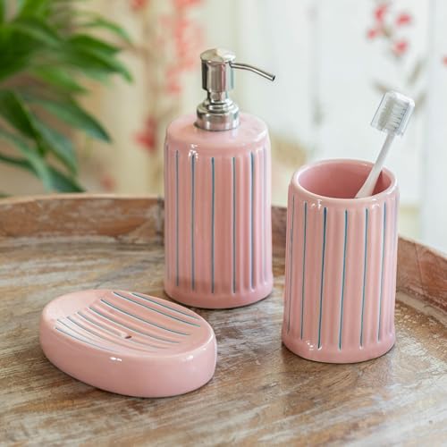 Image of ExclusiveLane 'Blush Elegance' Ceramic Soap Dispenser Set for Bathroom Wash Basin Bathroom Accessories Set of 3 (Liquid Soap Dispenser, Toothbrush Holder, Soap Tray Holder, Hand-Carved)