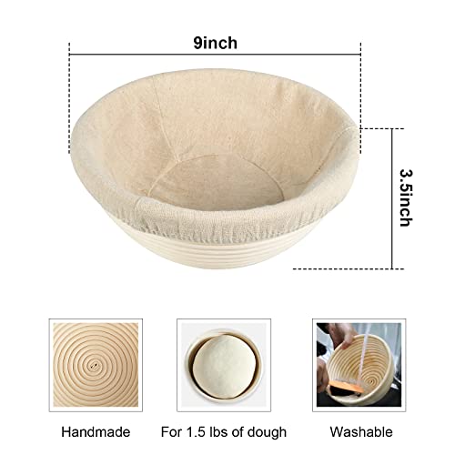 9 inch Banneton Proofing Basket, Round Sourdough Proofing Basket for Bread Baking, Bread Making Kit Gift with a Cloth Liner, Bread Scoring Lame, Metal Dough Scraper and 4 Spare Blades for Bread Bakers - Image 3
