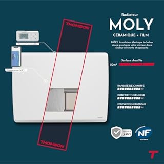 THOMSON - Radiateur électrique fixe connecté WiFi à inertie sèche céramique + film avec thermostat interchangeable 2000W THOMSON MOLY horizontal blanc