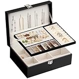 Fixwal Jewelry Holder Organizer Jewelry Box for Women Girls Wife 2 Layer Jewelry Organizer with Removable Tray for Display Earrings Rings Necklaces, PU Leather & Soft Velvet Lined Jewelry Case, Black