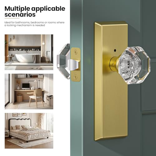 CEYMIO Glass Door Knobs for Interior Doors - Vintage Crystal Privacy Bedroom & Bathroom Door Knob with Lock - Diamond Cut Door Handle - Brushed Gold Finish (1 Pack) by CEYMIO - Image 3