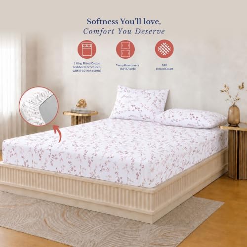 Image of Jaipur Weaves Bedsheet King Size 100% Pure Cotton Bed Sheet with 2 Pillow Covers, 240 TC Premium Bedding Set, 72x78 inches, Super Soft Cozy (Tulips Pink, Super King Fitted)