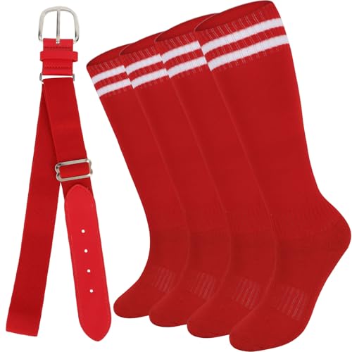 KIUEZIR Red Baseball Socks & Belt Set (2 Pairs) for