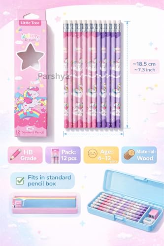 Image of KiddieWorld Unicorn Dream HB Pencil Set for Kids (12 Pcs) Cute Printed Wooden Student Pencils with Eraser Dark Smooth Writing, Break Resistant Lead School Stationery Gift Return Gifts for Girls Boys