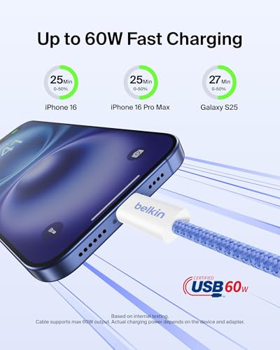 Image of Belkin Apple Certified Braided USB-C to USB-C Cable - Pack of 2 | 60W | PD Compatible | iPhone 17 /16 /15 /iPad /MacBook /Various Windows, Samsung Galaxy S25, Google Pixel 10 | 1.5M | Blue