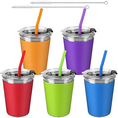 5Pack Kids Cups with Straws and Lids Spill Proof, 12oz Toddler Straw Cups with Colorful Silicone Sleeves, Unbreakable Stainless Steel Water Tumblers for Cold & Hot Drinks Cover