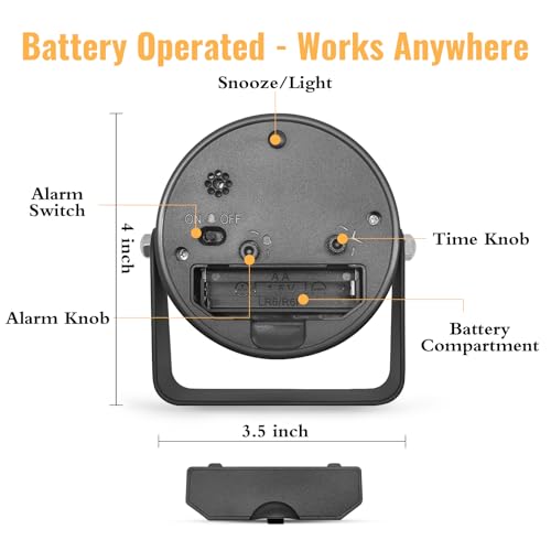 Image of Lamisola 3.5 Inch Small Desk Battery Clock, Black Alarm Clock for Bedroom | Travel Clock for Bathroom Table Shelf Bedside, Cute Metal Vintage Silent Night Light Snooze for Kids Seniors