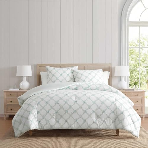 Image of Martha Stewart - Queen Comforter Set, 100% Cotton Bedding with Shams, Soft and Breathable, Lightweight All-Season Comforter, Reversible Design, Romantic Trellis Blue