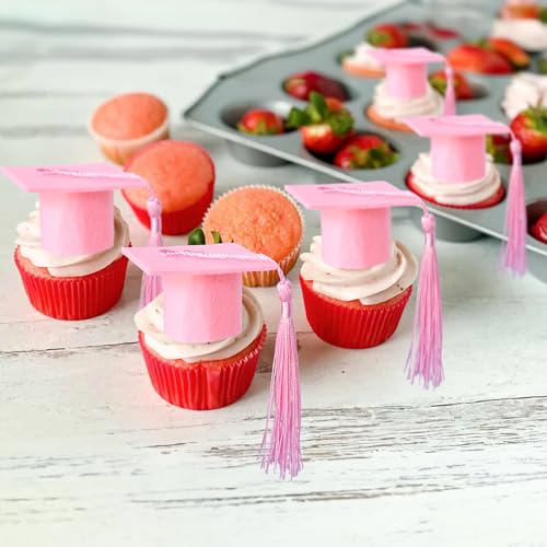 Ephlyn 24Pcs 2026 Graduation Cap Cupcake Toppers DIY 3D 2026 Congrats Grad Cap Cupcake Picks with Green Tassels for 2026 School Boys Girls Graduate Party Cake Decorations Supplies Pink by Ephlyn - Used condition - Image 4