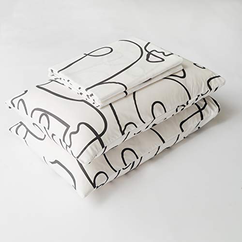 Yuheguoji Geometric Duvet Cover Queen 100% Cotton White Black Abstract Face Duvet Cover 3 Pieces Set 1 Modern Drawing Lines Print Duvet Cover With Zipper Ties 2 Pillowcases Soft Artistic Bedding #TOP6