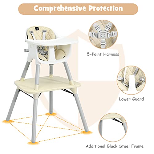 Image of BABY JOY High Chair, 5 in 1 Convertible Highchair for Babies & Toddlers | Booster Seat | Table and Chair Set | Infant Feeding Chair with Removable Tray, Safety Harness, Removable Cushion (Beige)