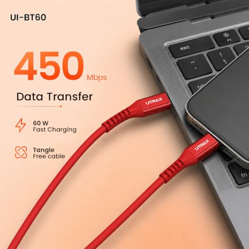 Image of UTRAX 65W Type-C to Type-C Cable | 2M Fast Charging Cable with Premium Metal Connectors, Durable TPE Material, Red