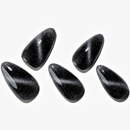 GLAMERMAID Black Cat Eye Press on Nails Medium Almond, Handmade J...