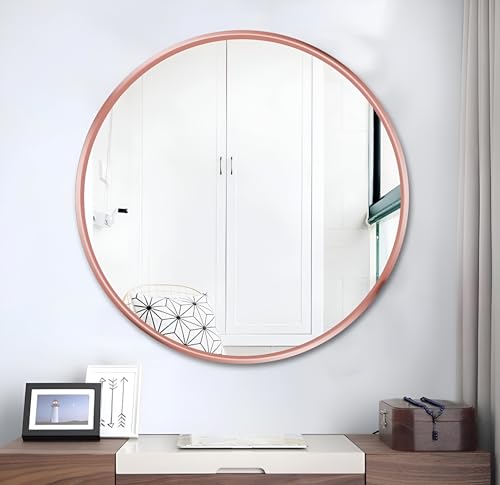 Image of Ali.G.I Round Wall Mirror in Copper Finish I Metal Frame Mirror I Modern Design Copper Finish Metal Frame Mirror in Medium Size I Bathroom Wash Basin, Bedroom, Drawing Room (Rose Gold, 24 inch)
