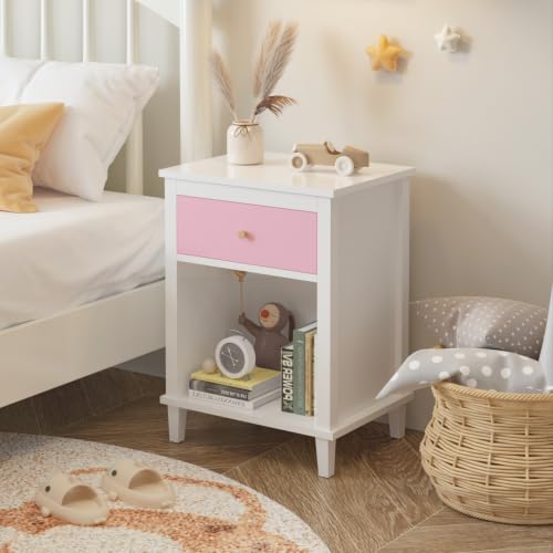 KT Rolster Kids Nightstand, Modern Nightstand with One Drawer and One Open Shelf, Wooden Bedside Table for Living Room, Bedroom, Toddler Nightstand for Boys and Girls, Pink