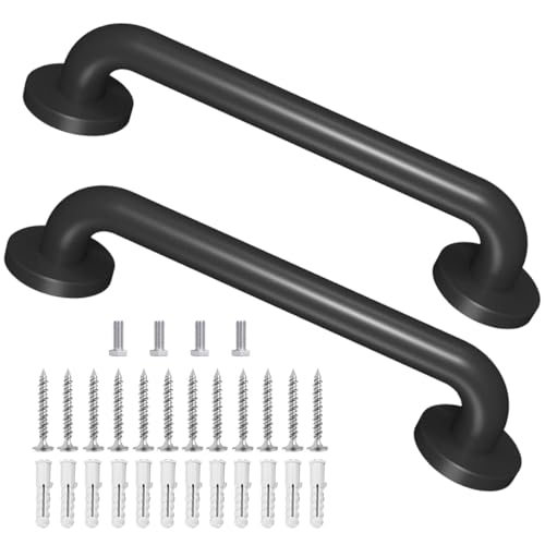 Paquete de 2 pasamanos industriales de metal de 16 pulgadas, para interiores y exteriores, pasamanos de seguridad (negro mate) para escaleras, barras de pared, agarre de pared para ancianos