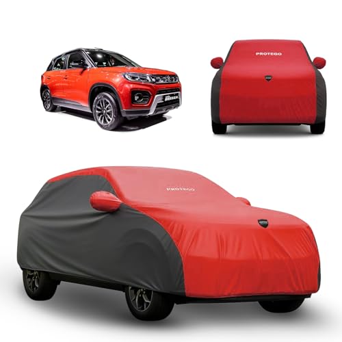 Image of PROTEGO Prime Series India's 1st Anti-Tear Car Cover for Maruti Suzuki Vitara Brezza | Heavy Duty, Custom Fit, All Weather | 100% Waterproof, Windproof & Hail Resistant | 2 Year Warranty | Red + Black