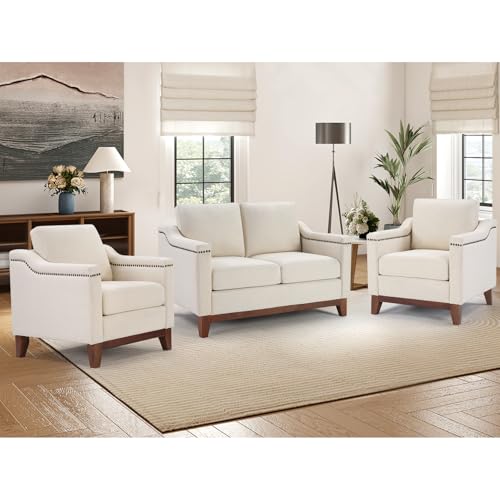 Image of Modern 3 Piece Sofa Set with Rivets, Included Chenille Accent Chair Set of 2, and Upholstered Loveseat 2-Seater Couches with Solid Wood Legs, Living Room Furniture Set,Beige