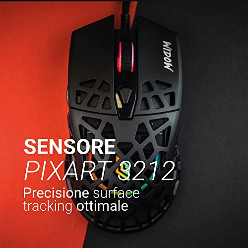 Widow Mouse Gaming RGB con Cavo, Sensore Pixart 3212 fino a 7200 DPI [6 Livelli Regolabili], Leggero 68g, Mouse da Gioco con Struttura Nido d’Ape, Interruttori Huano Lunga Durata, Nero - Mouse gaming - Immagine 1