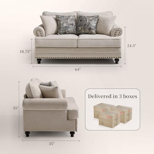 Image of Modern Farmhouse Loveseat Sofa, Chenille Upholstery with Nailhead Trim, Small Couch for Living Room, Bedroom, Office, or Apartment, Includes 4 Accent Pillows