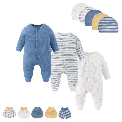 Image of MAMIMAKA Baby Boy Girls Clothes 2-Way Zip Footed Long Sleeve 100% Cotton,Newborn Caps and Scratch Mittens Set 0-6 Months