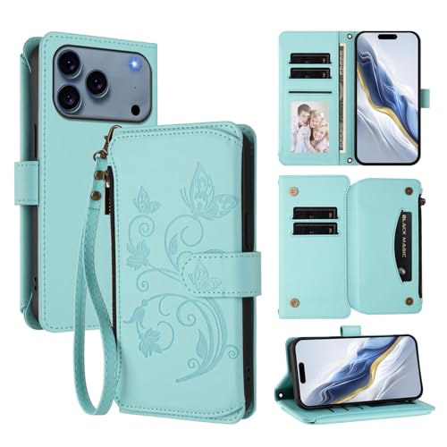 Étui compatible avec iPhone 17 Pro Max menthe - Housse portefeuille magnétique en cuir
