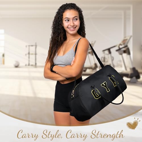 Gym Bag for Women, 2PCS Gym Tote Duffel Bag with Wet Pocket & Shoe Compartment Chenille Letter Embroidered Workout Carry on Bag for Travel, Swimming3