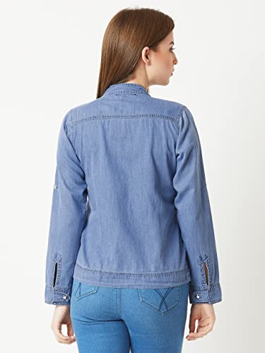 Image of Miss Chase Women's Polo Neck Full Sleeves Patch Pocket Denim Overcoat Knee-Length Jacket