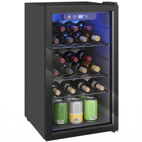 HOMCOM Cave à vin 24 bouteilles 68L, réfrigérateur à vin et boissons avec température réglable 4-16 °C, porte réversible en verre trempé double, éclairage LED, écran tactile et étagère amovible, noir