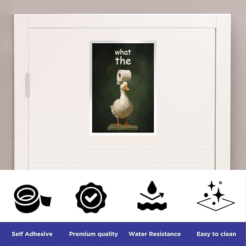 Image of Rekoframes Funny Duck with Toilet Paper Bathroom Poster, Self Adhesive, Water Resistant, 8.2x11.5 Inch, Humorous Restroom Decor (Duck)