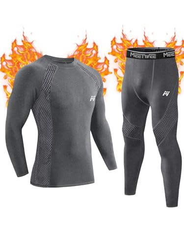 MeetHoo Termounderkläder herr, funktionella underkläder andas termiska underkläder set, lång termoskjorta och termobyxor för män, skidåkning, löpning, sport, GRÅ, S