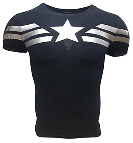 A. M. Sport Camiseta Fitness Compresion Hombre con Dibujos de Superheroes para Entrenar y Hacer Deporte. Licras (Capitan America Básica) - XL