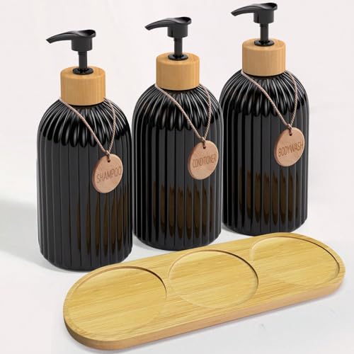 Dispensador Jabon Baño | Set de 3 Botes para Gel Champu y Acondicionador 500ML | Dispensador Jabon con Bandeja de bambú y 3 Colgantes de Madera de Bambu | Dispensador jabon Cocina Negro