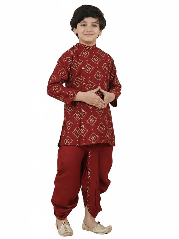 Image of superminis Boy's Golden Foil Printed Side Open Cotton Kurta, Round Collar, Full Sleeves Ethnic Wear Dhoti Kurta Set