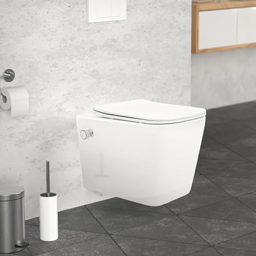 ECD Germany WC Inodoro Suspendido de Cerámica Cuadrado Función Bide Sin Borde Descenso Soft-Close Extraíble Blanco WC Tapa Amotiguada Diseño Moderno y Angular Incluye Accesorios de Montaje