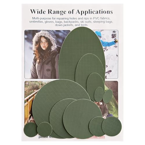 WILDREEDS 12Pcs Down Jacket Repair Patches, Waterproof Self-Adhesive, Pre-Cut, Tear-Resistant Rip-Stop Nylon Patches for Jackets, Puffer Jacket, Tents-Army Green