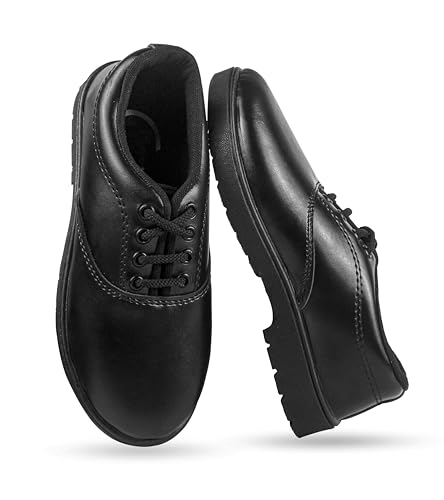 Image of GAITO Premium Black School Shoes for Boys | Synthetic Leather Upper with Durable PVC Sole & Soft EVA Insole | Comfortable, Lightweight, Non-Slip Lace-Up Uniform Shoes for Daily School Wear
