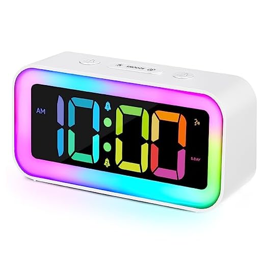 Cadmos Loud Alarm Clock for Bedrooms with Dynamic RGB Night Light,Heavy Sleepers Adults,Dual Alarm,Dimmer,USB Charger,Small Bedside Digital Clock with Led Display for Kids,Teens,Seniors (White)